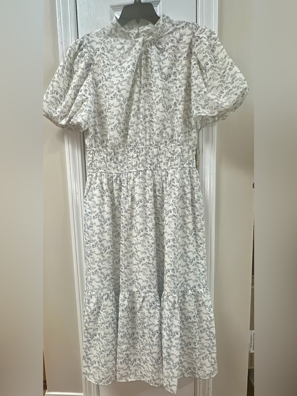 Greylin Floral Puff-Sleeve Smocked Waist Dress - White & Blue (mix38)